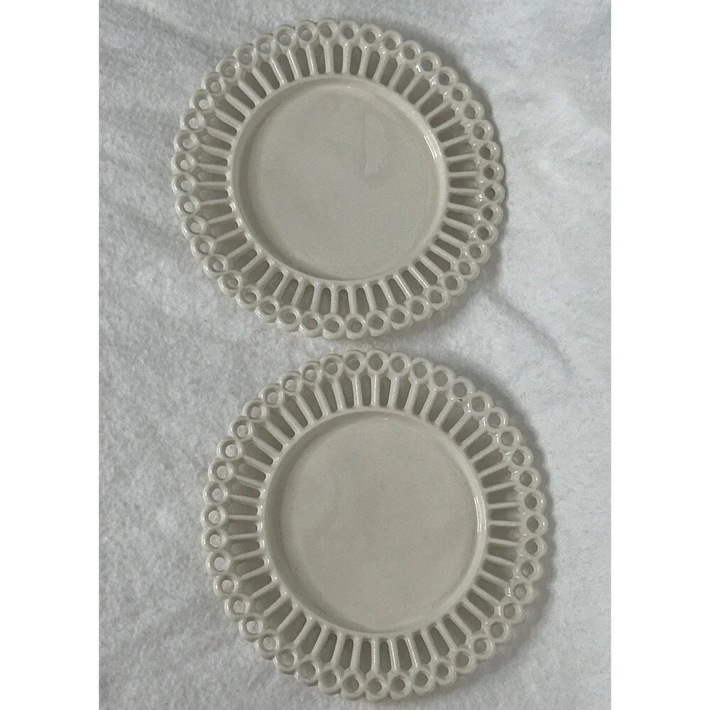 Vintage Milk Glass Ribbon lace edge Dessert Salad Plates Set Of 2 Ivory White